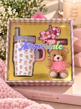 Aeropostale Pink Bear Basics Gift Set-
Tumbler | Lipgloss | Plush Teddy Keychain